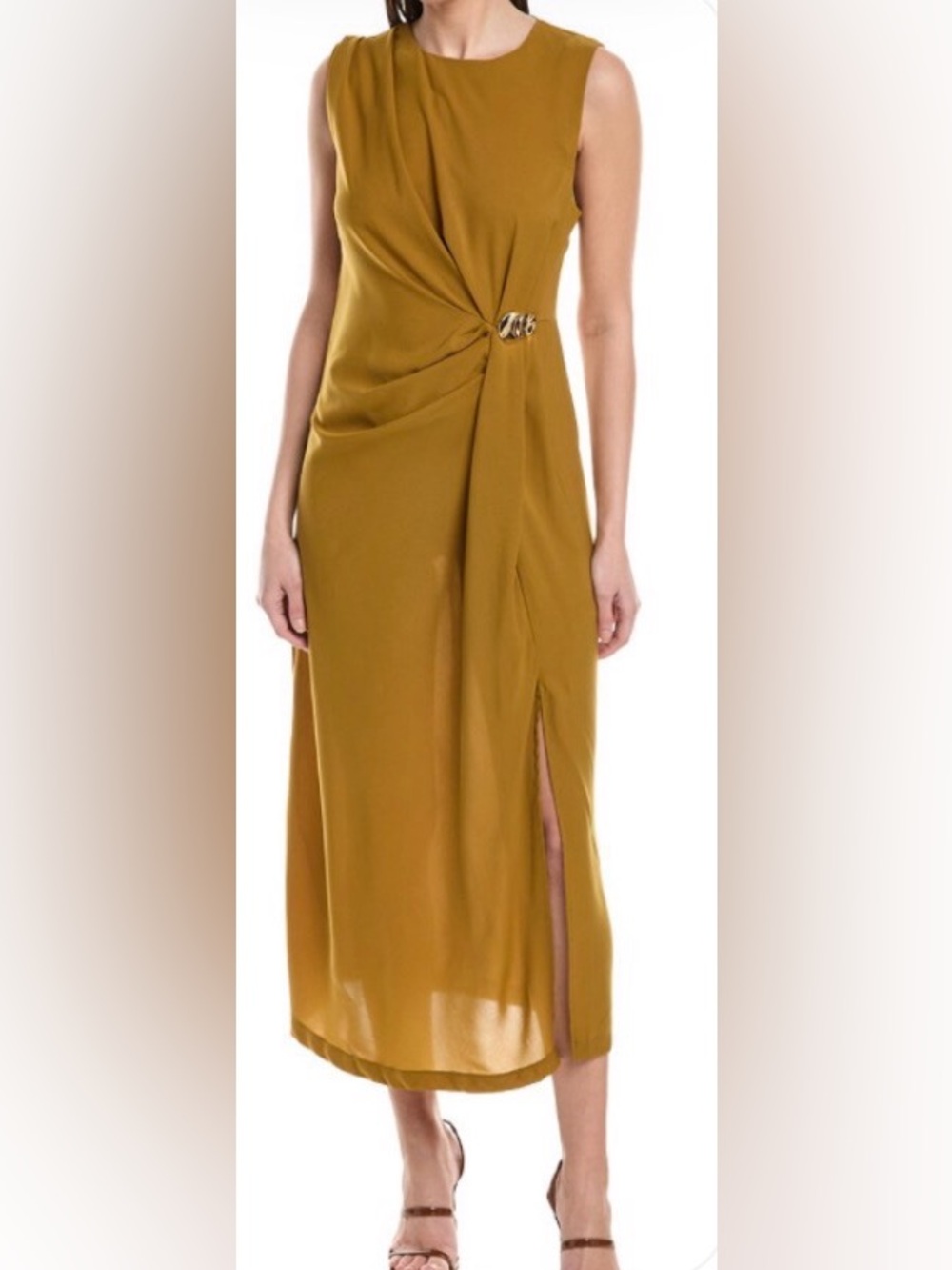 To My Lovers Sleeveless Mustard Twist-Detail Midi Dress: Size Medium